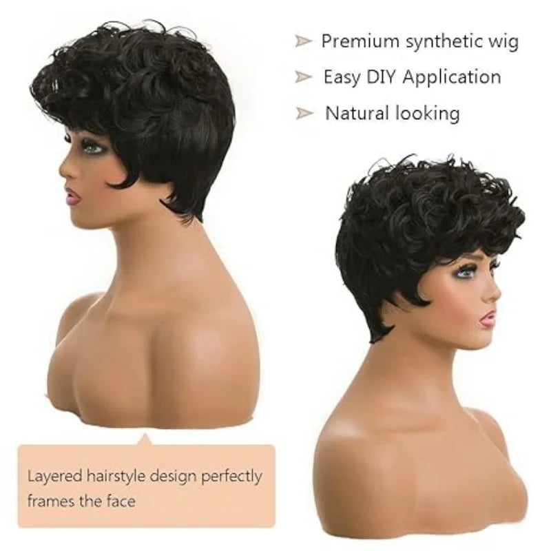 Black women's elf short wig, curly black short wig, black women's synthetic wig, natural, wavy, black elf hairstyle
