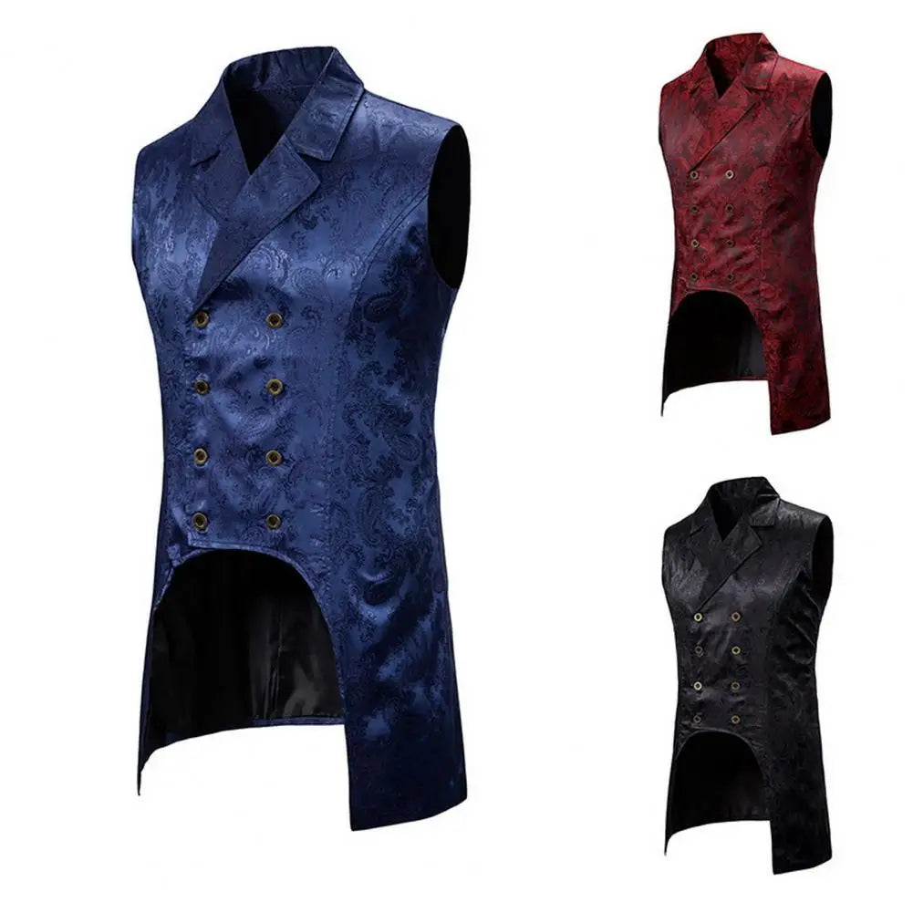 Men Vest Retro Sleeveless Slim Fit Mid Length Vest Lapel Double-breasted Split Hem Loyal Gentlemen Medieval Waistcoat