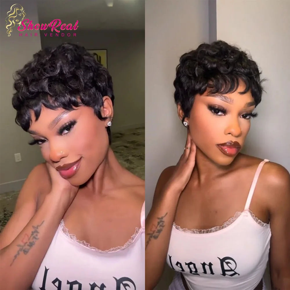Short Wigs for Women Glueless Pixie Cut Human Hair Wigs With Bangs Natural Black Color Wear and go Breathable Lightweight Wig for Everyday Use