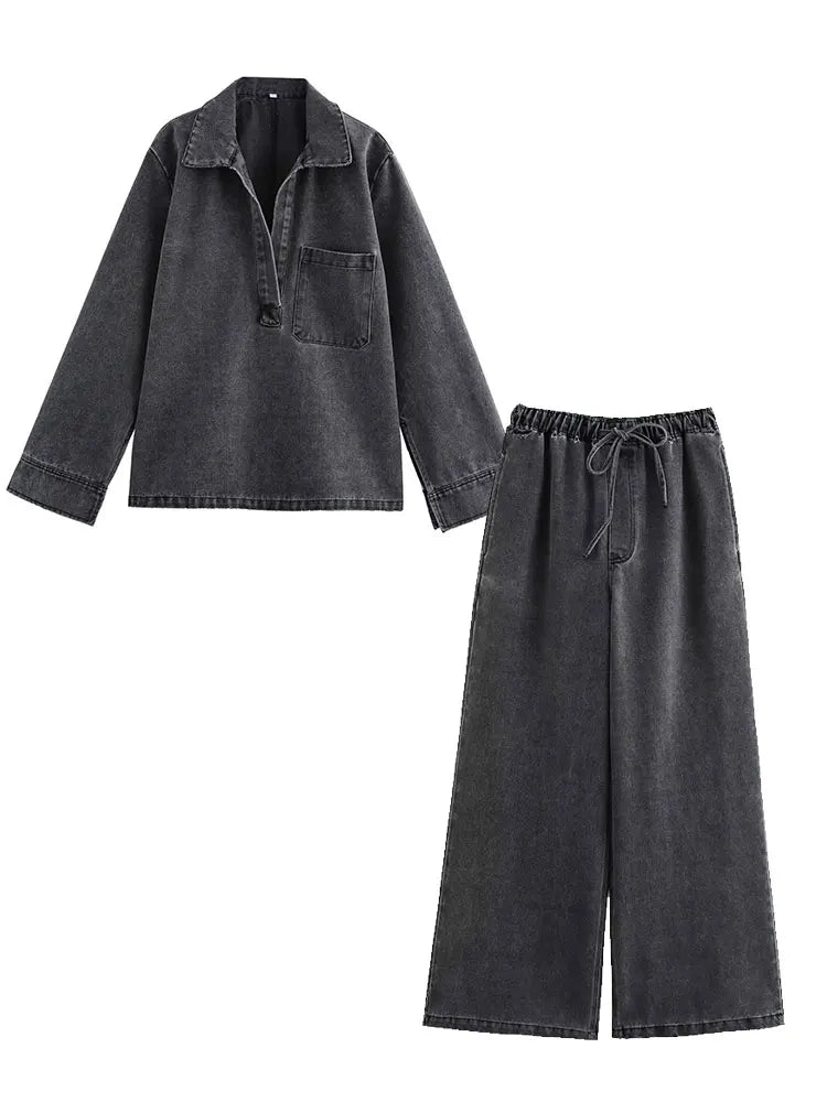 autumn Drawstring Wide Leg Pants Sets Women 2 Pieces Fashion Denim Top Women Suit Casual Two Piece Set Women Outfit