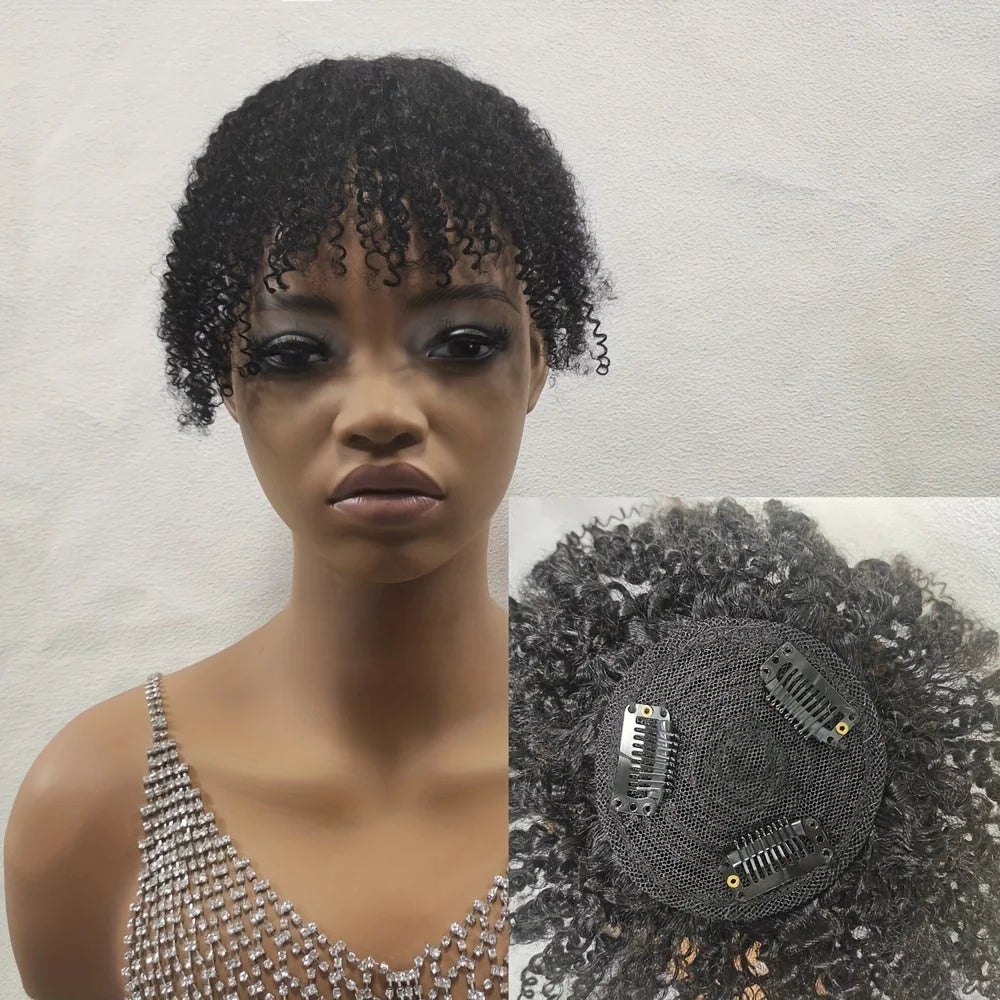 Pince à Cheveux avec Frange - Topper Pince à Cheveux avec Frange de Styles Éffilés, Extensions de Cheveux Bouclés Afro Crépus 100% Cheveux Humains #1B