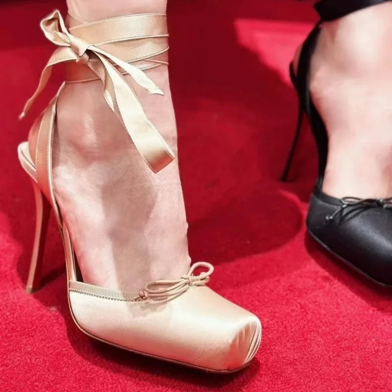 Luxury Design Woman Sandals Summer High Quality Square Satin High-heeled Female Shoes With Ankle Straps Wedding Flip Flops