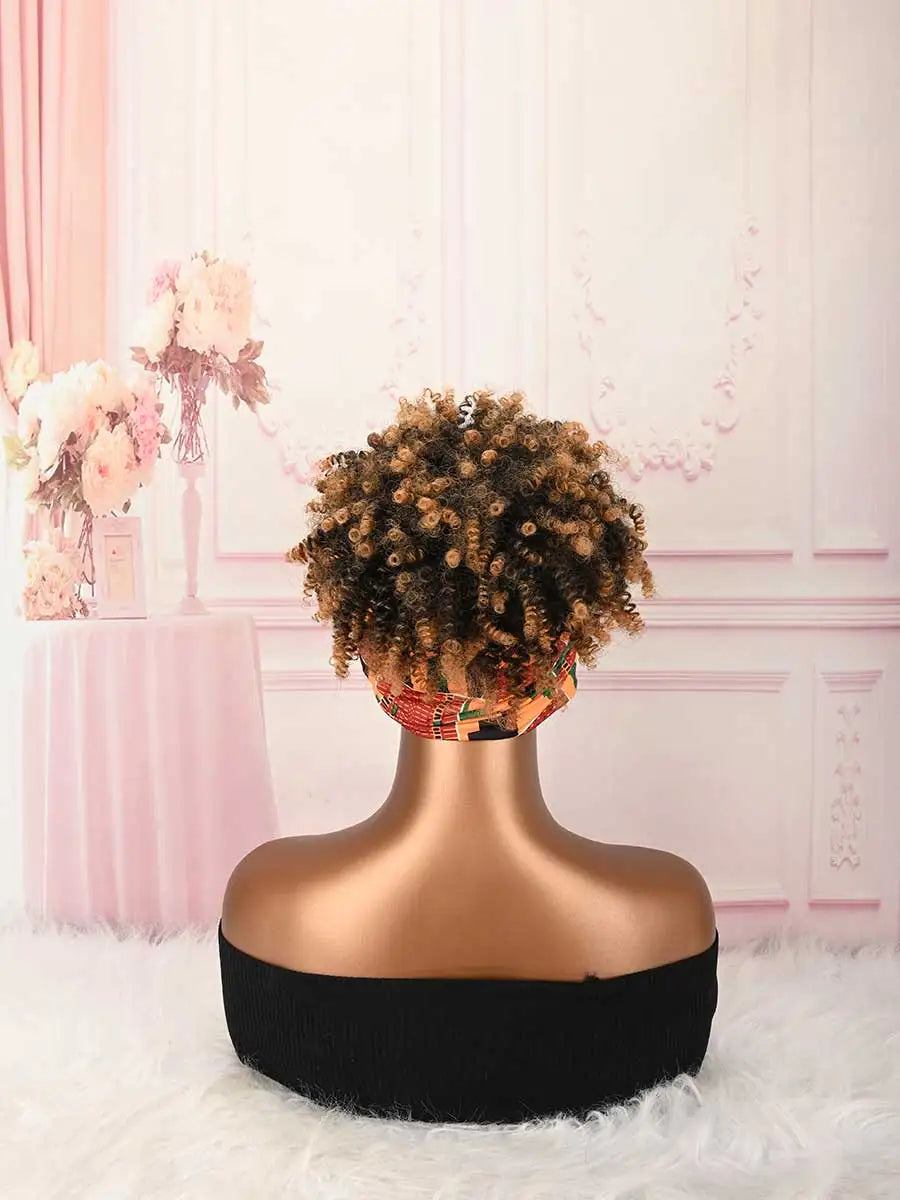 Headband Wig Curly Headband Wig With Bangs For Women Synthetic Afro Curly Hair Wig With Headband Attached Short Kinky Curly Afro High Puff With Bangs Stripes Short Red Curly Wigs with Bangs for Women, Natural Wavy Synthetic H