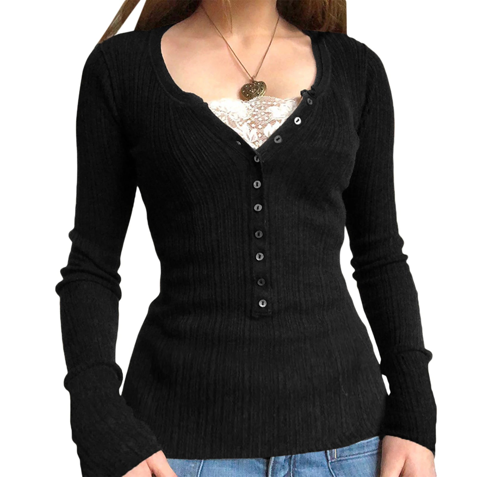 Vintage Lace Patchwork Cute Cotton Tshirts Women Korean Fashion Button Fairy Grunge Y2K Clothes Casual Spring Autumn Retro Tops