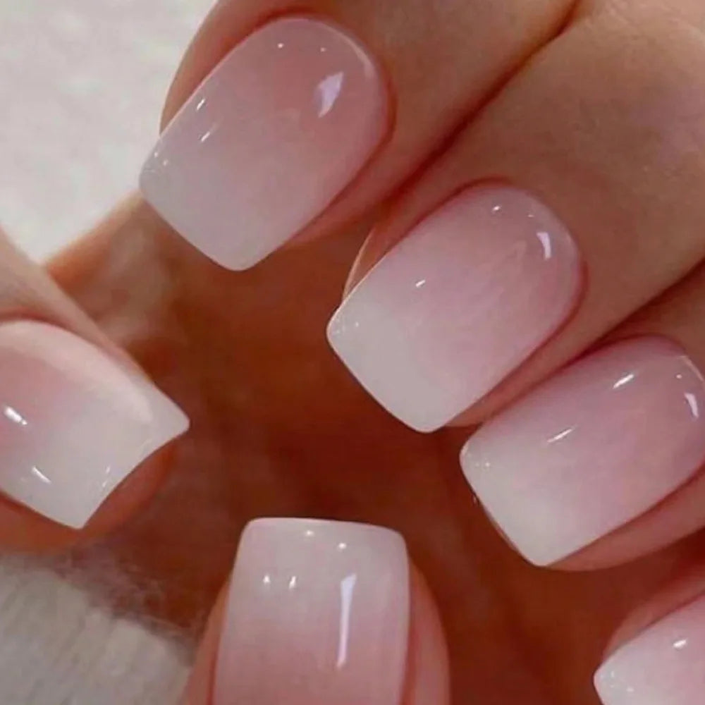 24Pcs Simple Fake Nail with Broken Diamond Short Square Press on False Nails Gradient White Wearable Ballet Full Cover Nail Tip