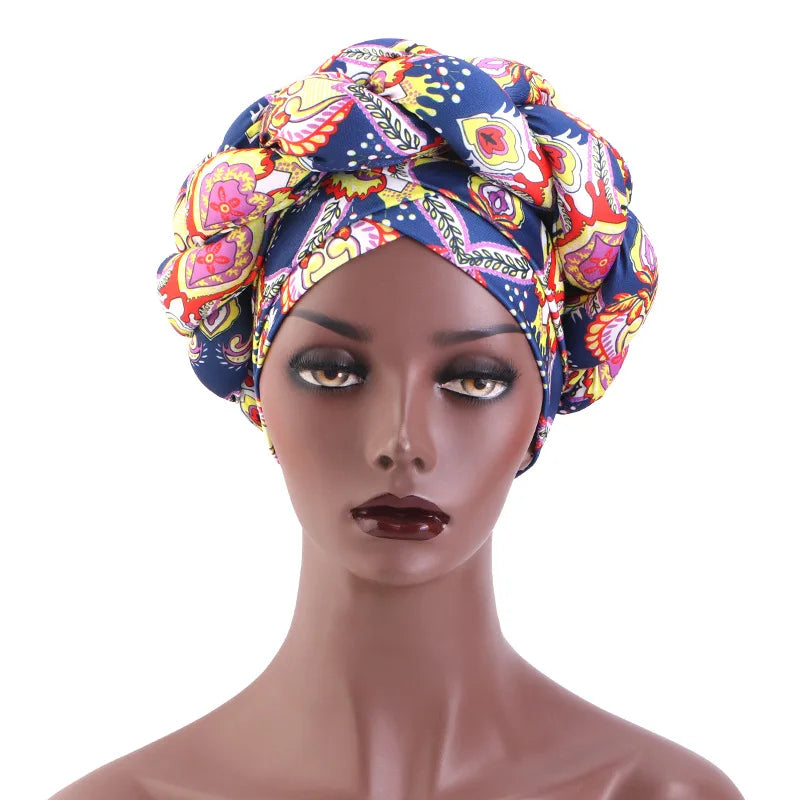 New African Print Twisted Large Braid Turban Hat Muslim Hijab Hat Elastic Head Wraps Headscarf Ramadan Headscarf Beanie Hats