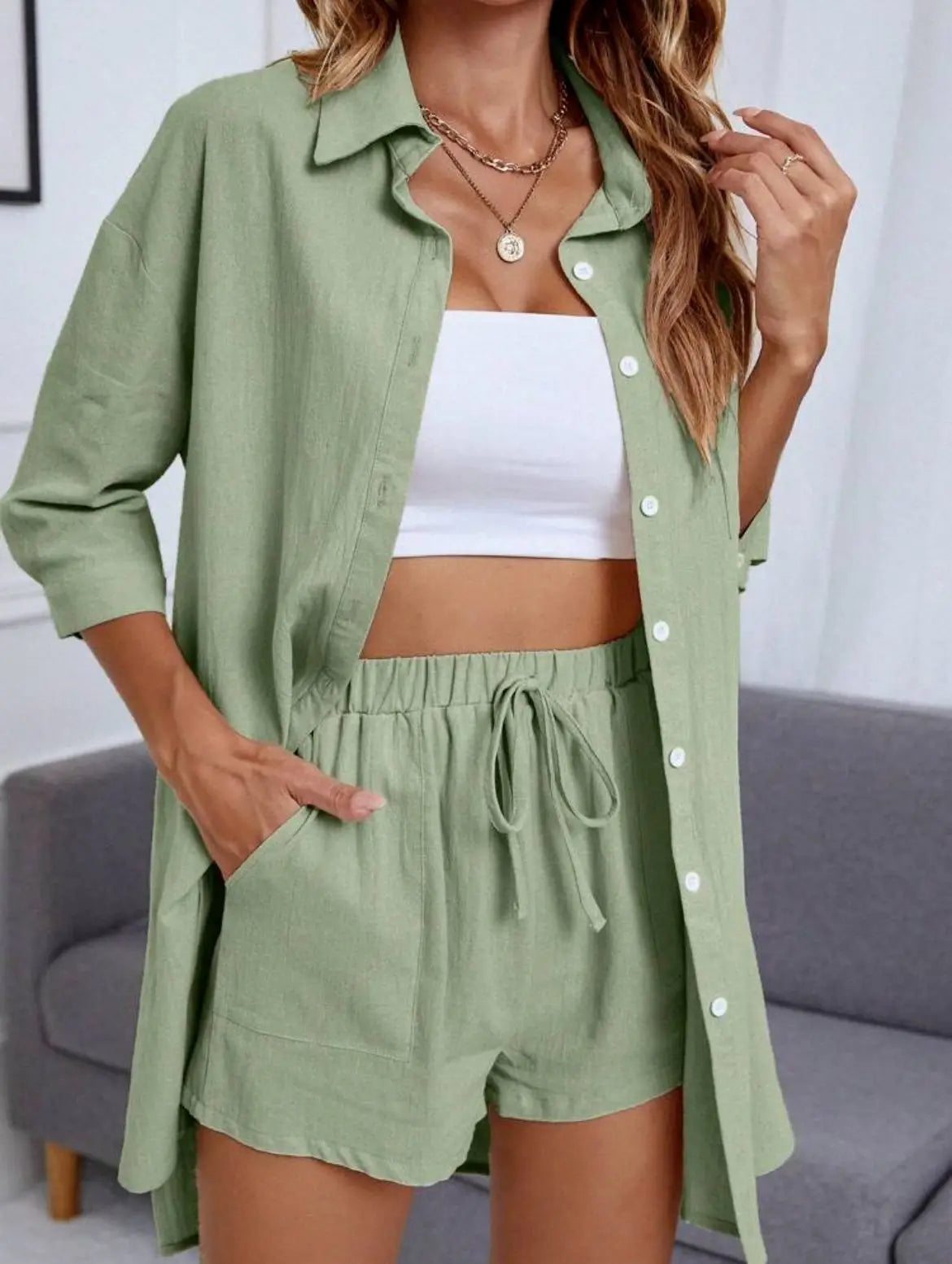 Women Short Sets Two Piece Shorts Suit Summer Single Breasted Cardigan Shirt Waist Lace Up Short Pant Matching Sets Elegant