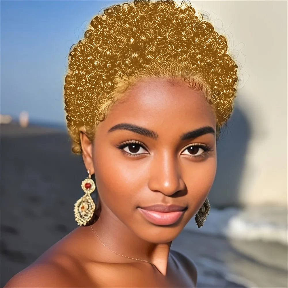 Peluca pixie, peluca corta de cabello humano, peluca rizada afro hecha a máquina, peluca pixie negra para uso diario y fiesta en mujeres
