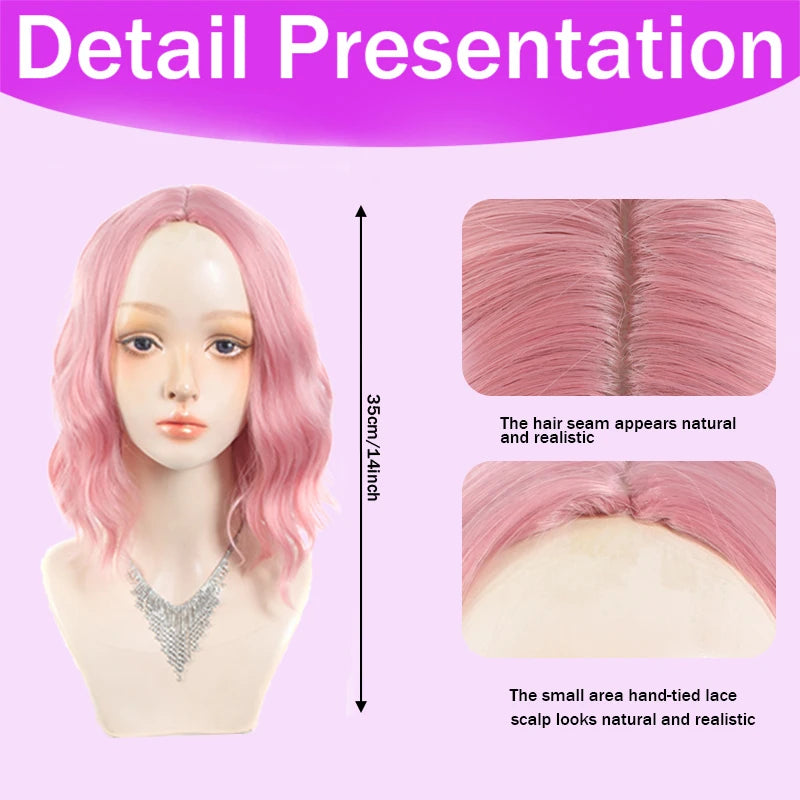 14-tommers rosa parykk for kvinner Kort bølget pastellrosa parykk med blonde, skulderlang krøllete/bølget parykk med midtskill