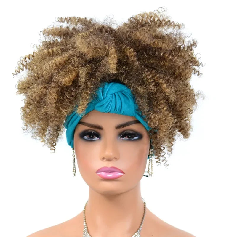 Fluffy Headband Wigs for Black Women Short Afro Kinky Curly Headwrap Wig High Temperature Natural Synthetic Headband Scarf Wig