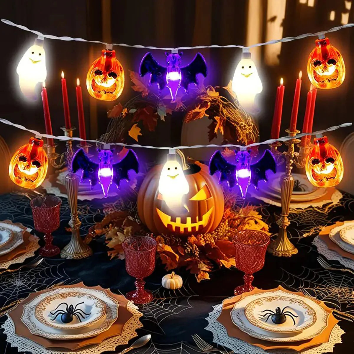 Halloween LED light string ghost bat pumpkin three in one light string holiday decoration colorful lights full of atmosphere
