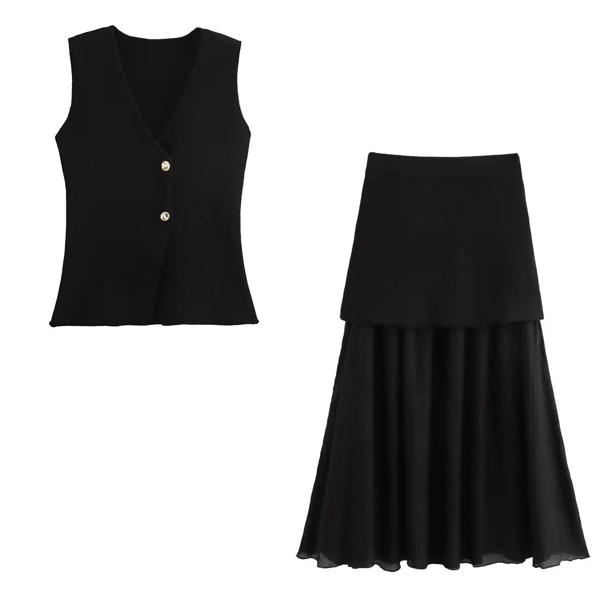 TRAFZA Women Skirt Set Wine Red Knitted V-Neck Sleeveless Slim Vest +Solid High Waist Zipper Patchwork Long Skirt Street