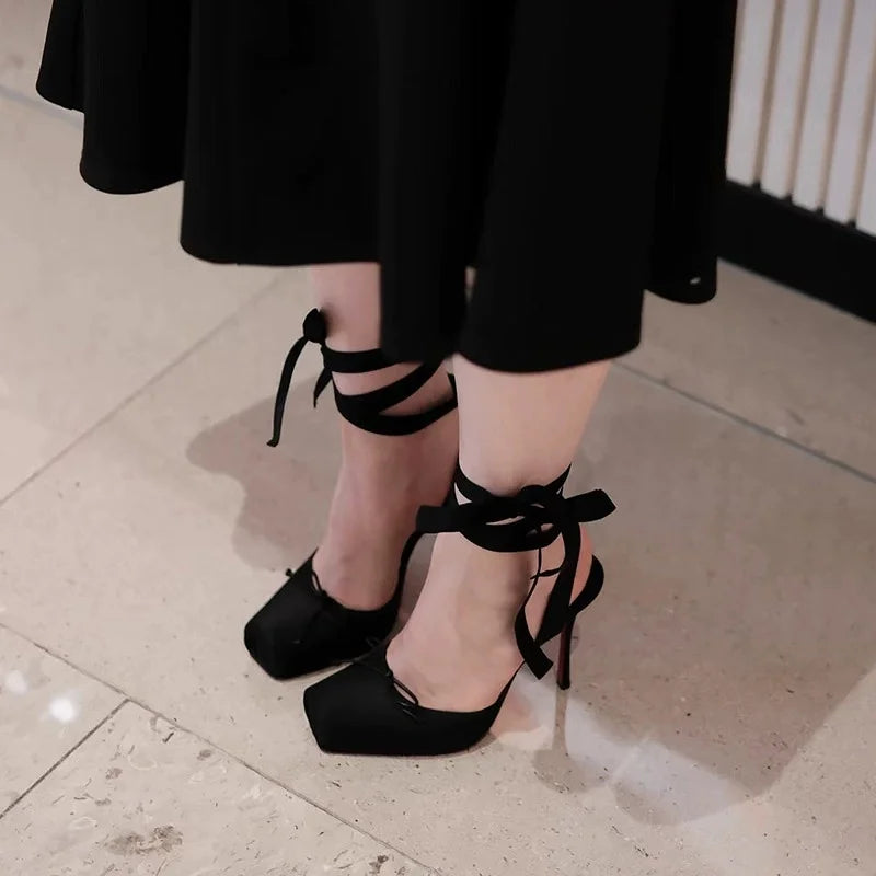 Luxury Design Woman Sandals Summer High Quality Square Satin High-heeled Female Shoes With Ankle Straps Wedding Flip Flops