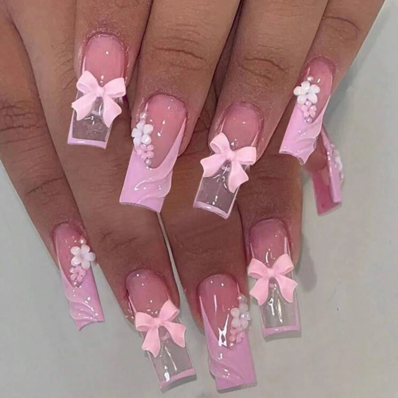 24pcs Upgrade Your Look With Pink leopard print bow full coverage false nail set 1pc Nail File & 1Nail Glue Sticker Kit Nails