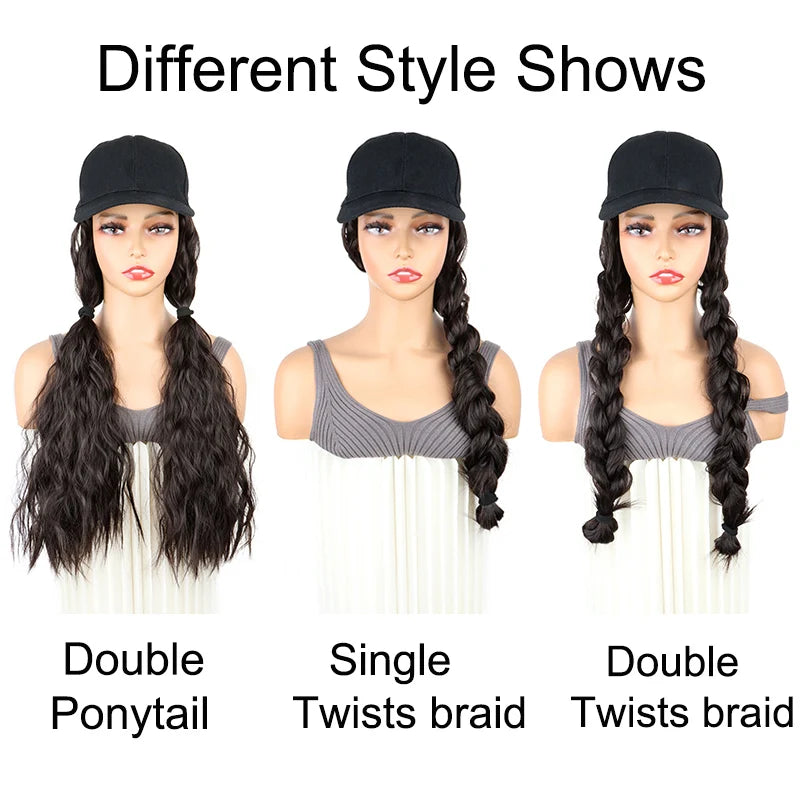 24Inch Synthetic Long Kinky Curly Hat Wig Baseball Cap Adjustable Breathable Hair Extension Wig for Women Easy to Wear