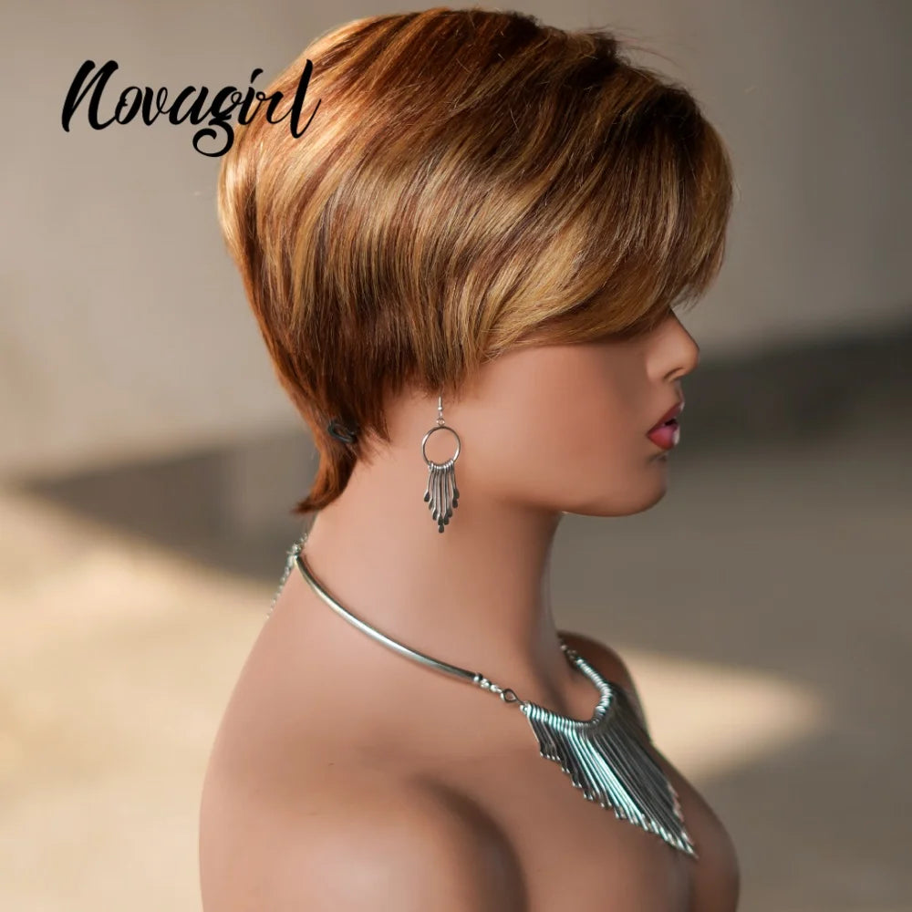 High Quality 6 Inch Pixie Wigs Color P4/27 for Women Full Machine Made Brazilian Virgin Remy Human Hair Soft Comfortable