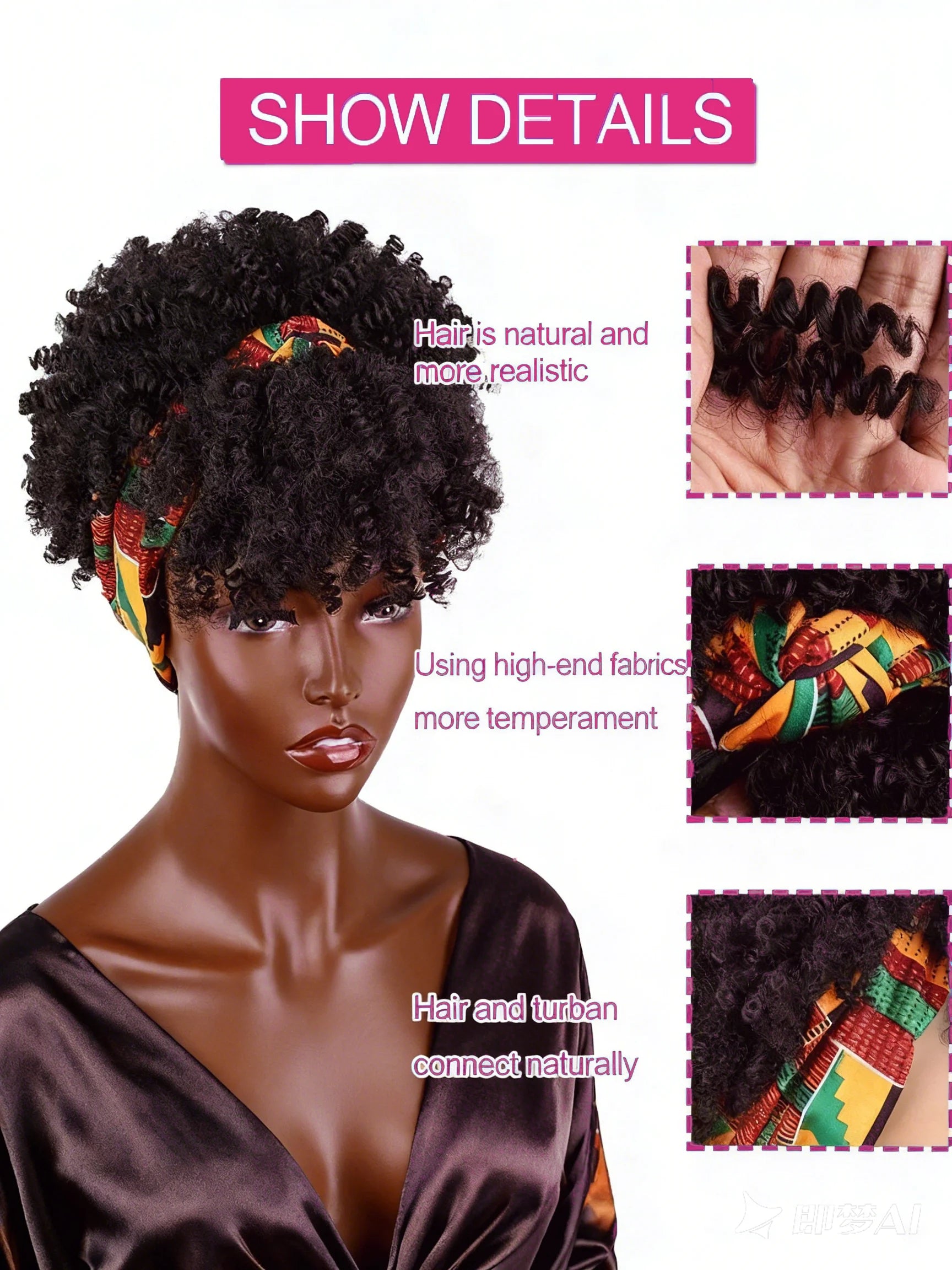 Short Afro Kinky Curly Headband Wig Glueless Ombre Turban Head Wrap Human Hair Wigs For African American Women Daily Cosplay ﻿