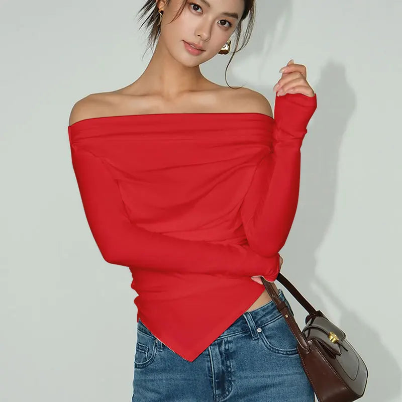 Autumn New T-shirt Red Sexy Women Top Off Shoulder Slim Tees Long Sleeves Streetwear Pullover Asymmetrical Lady Knitted T-shirt