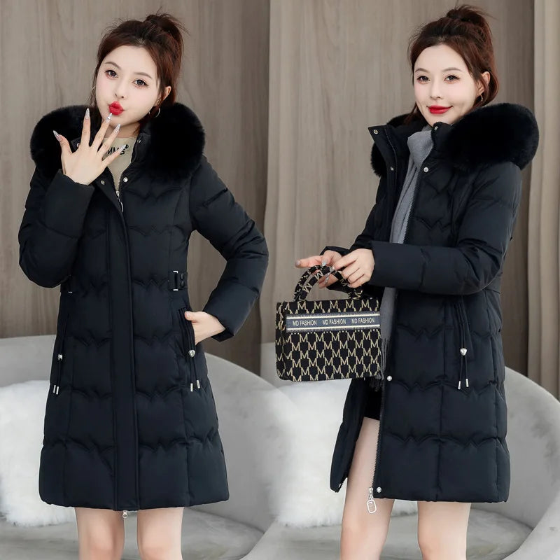 Parkas con Capucha Abrigos Mujer Chaquetas de Largo Medio Liso Cremallera Bolsillo Cintura Ajustada Cordón Manga Larga Gruesa Informal Invierno 2025