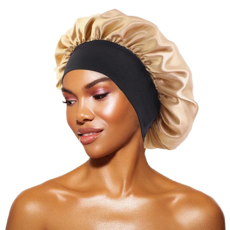 Gorros de satén lisos para mujer, con ala ancha, para dormir, bañarse, gorro unisex, con banda elástica, para el cuidado del cabello