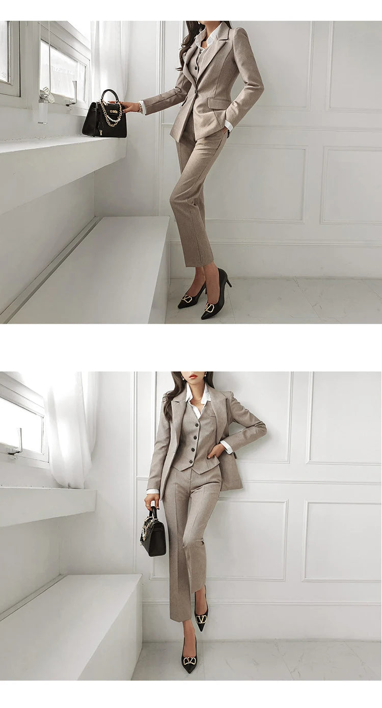 Fashion Spring Autumn Formal 3 Piece Outfit Suits Women Ladies Clothing Commute Suit Tops Coat Blazer Vest Long Pant Trouser Set