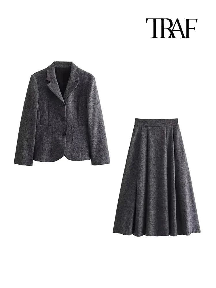 TRAF Women Fashion Casual Commuter Suit Skirt Suit Autumn and Winter Single-breasted Suit Jacket High-waisted A-line Skirt Suit