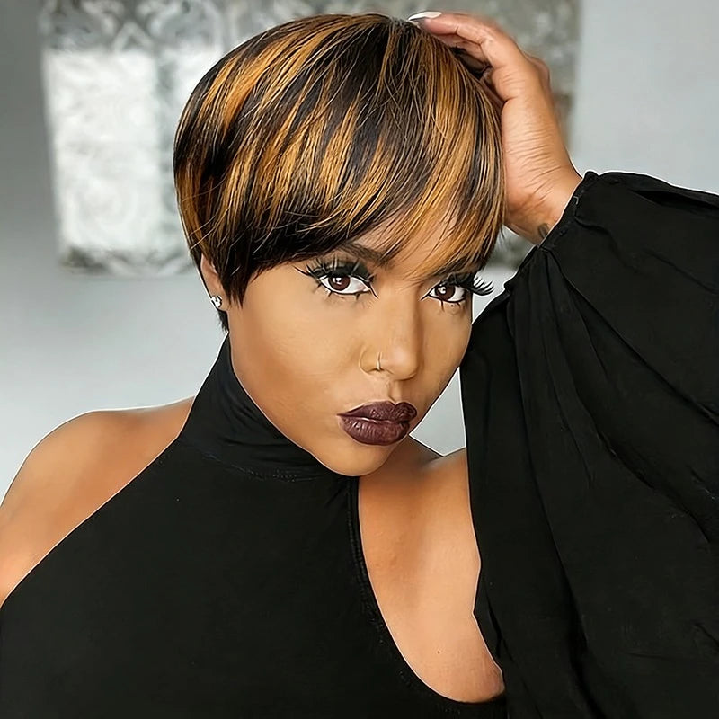 1B/30 Ombre Colored Pixie Cut Straight Human Hair Wig for Women Machine Made Wig Short Layered Straight Wig with Bang