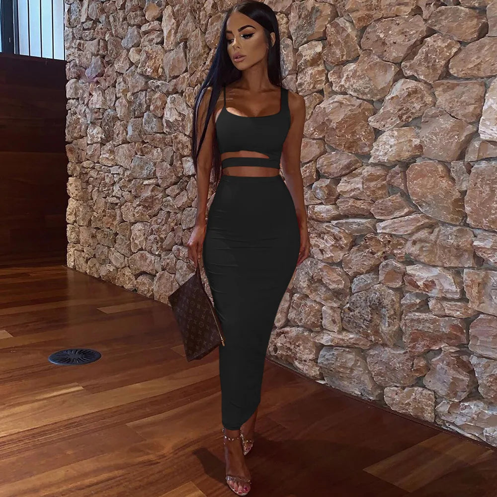 Summer New Women's Skirts Sets Strapless Cutout Crop Top+High Waist Stretch Tight Skirt Sets Fashion Lady Sexy Two-Piece Outfits