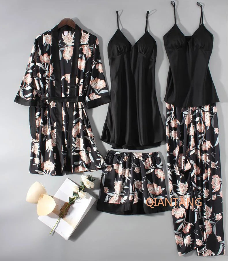 Conjunto de pijama de mujer, ropa de dormir casual, traje de bata de satén, ropa de noche para estar en casa, cuello en V, pijama suave, albornoz kimono, camisón lencería