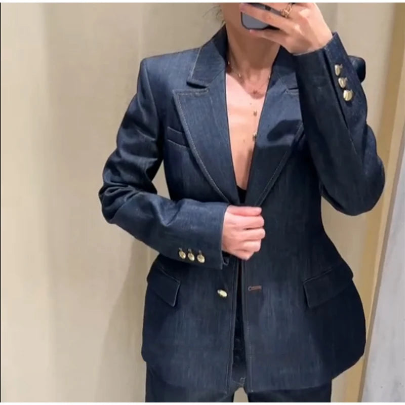Elegant 3 Pieces Denim Blazer Long Pants Sets For Women Spring Single Breasted Suit Jacket Chic V-neck Vest Wide Leg Pants Suits