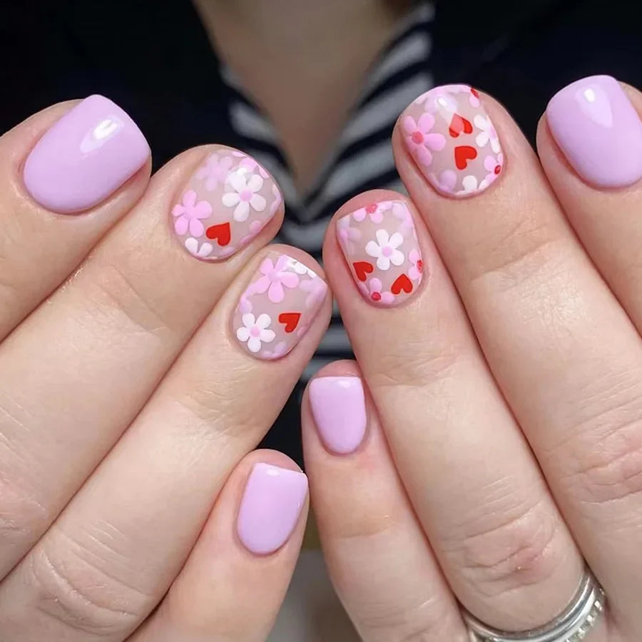 24pcs/box Glossy Short Square Fake Nails Colorful French Tip Press On Nails Flower Pattern Spring Summer False Nails For Women