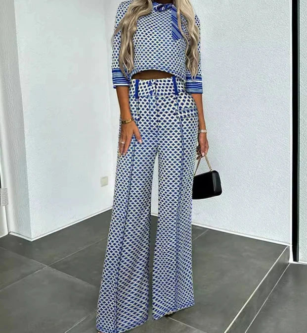 Women's Casual Two-Piece Set Elegant Summer Retro Plaid Pattern Tie Up Half Sleeved Top Ribbed Straight Leg Pants Set