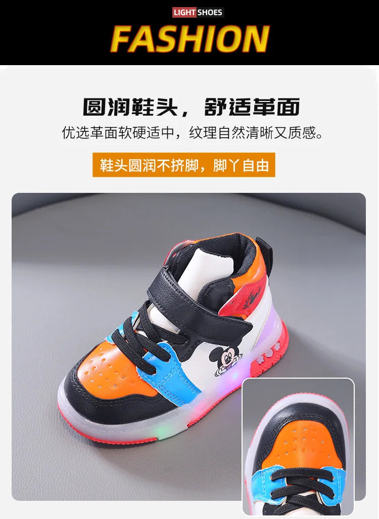 Disney Girls' Causla Shoes PU Leather Mickey Mouse LED Luminescent Children's Sneaker 1-6 Year Old Boys' Sports Casual Shoes