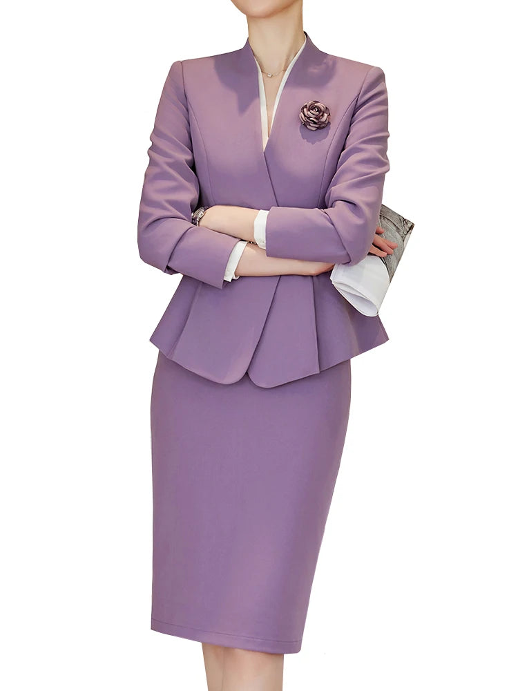 Elegant Women Formal Skirt Suit Ladies Black Purple Pink Long Sleeve V-Neck Female Two Piece Blazer Set