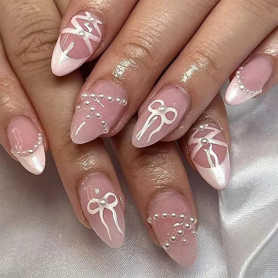 24Pcs Almond Press-On Nails in Pink Cat Eye with Heart & Strawberry Designs – Glossy Acrylic Stick-On Nails for Women & Girls