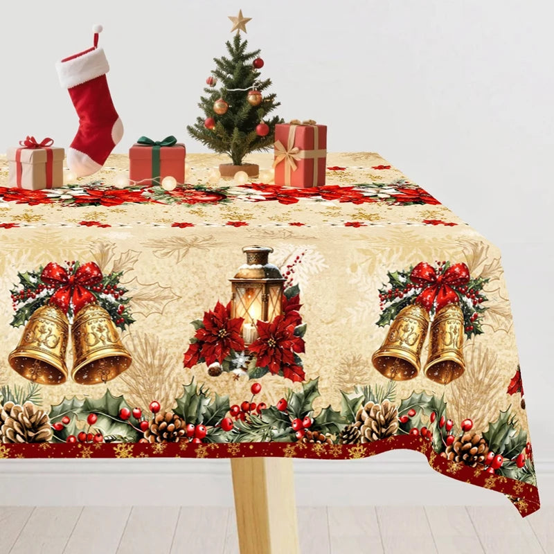 Vintage Christmas Tablecloth Poinsettia Bell Tablecover Christmas Decorations for Home Navidad Gifts Dining Table Cover
