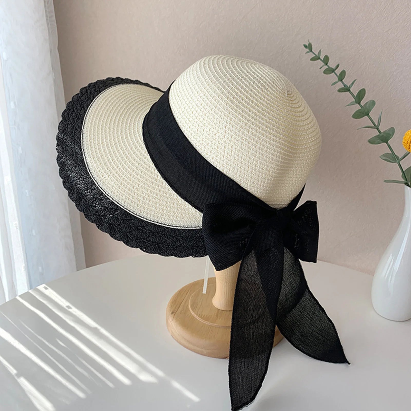 Sombreros de paja de ala ancha para mujer, diseño de borde de encaje, gorras de playa con lazo para deportes al aire libre, senderismo y viajes