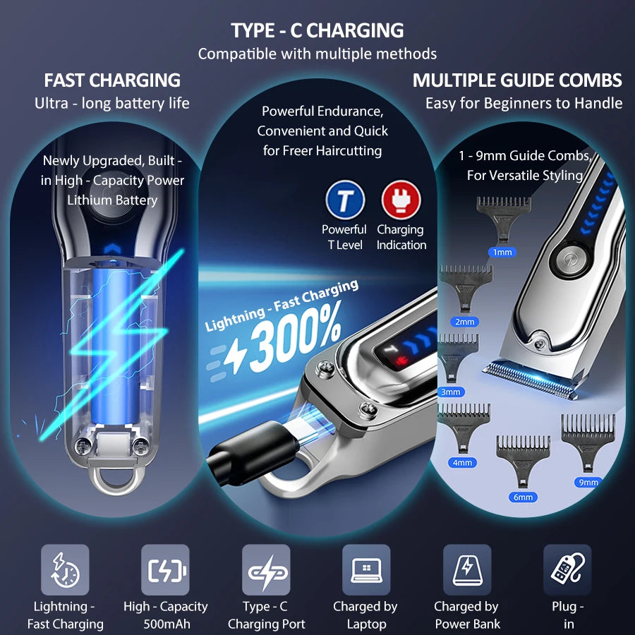 Hair Clipper Hair Cutting Machine USB Rechargeable Cordless T Blade Barber Hair Cut Grooming Home Use for Styling Beard Trimmer