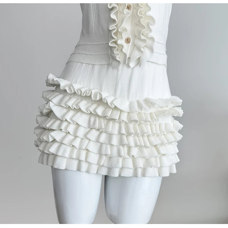 2 Two-Piece Knitted Skirt Sets Stylish Sleeveless Tank Tops and High Waist Layered Mini Skirts Black White Outfits Women Suits