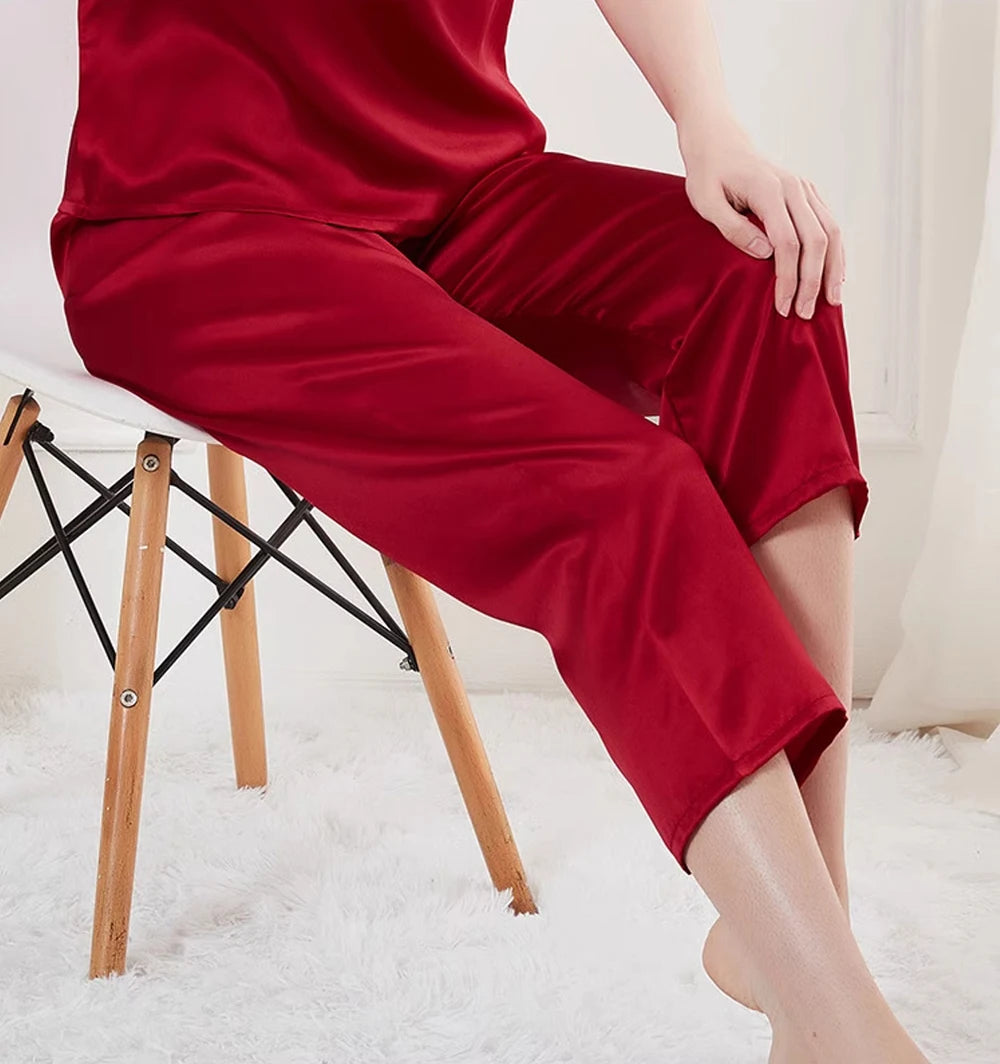 Pajama Set for Women 2 Piece Capri Pants Short Sleeve Top 19 Momme Mulberry Silk Sleepwear Pjs Loungewear M-3XL