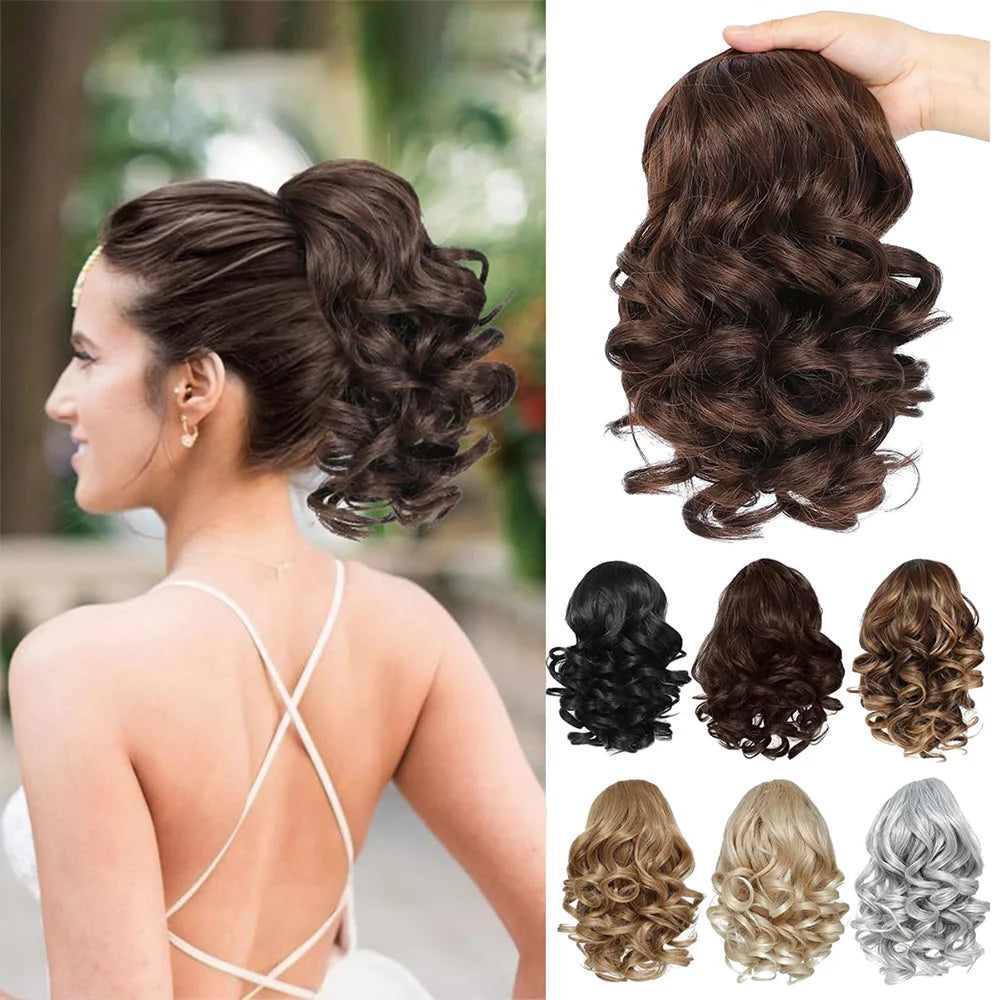 Short Synthetic curly Drawstring Ponytail extensions with Clip in Hairpieces for Women daily use that beginners friendly