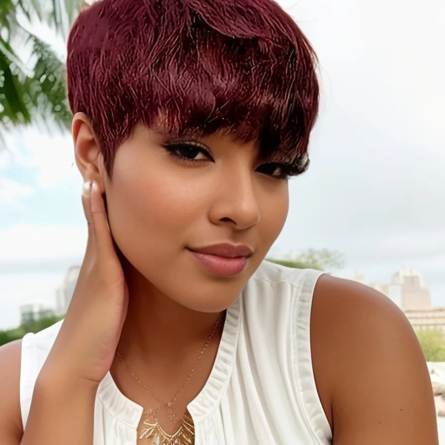 Short Pixie Cut Straight Wig Human Hair for Women Machine Made with Pre-Styled Bangs Tangle-Free Natural Hairline 180% Density 6inch