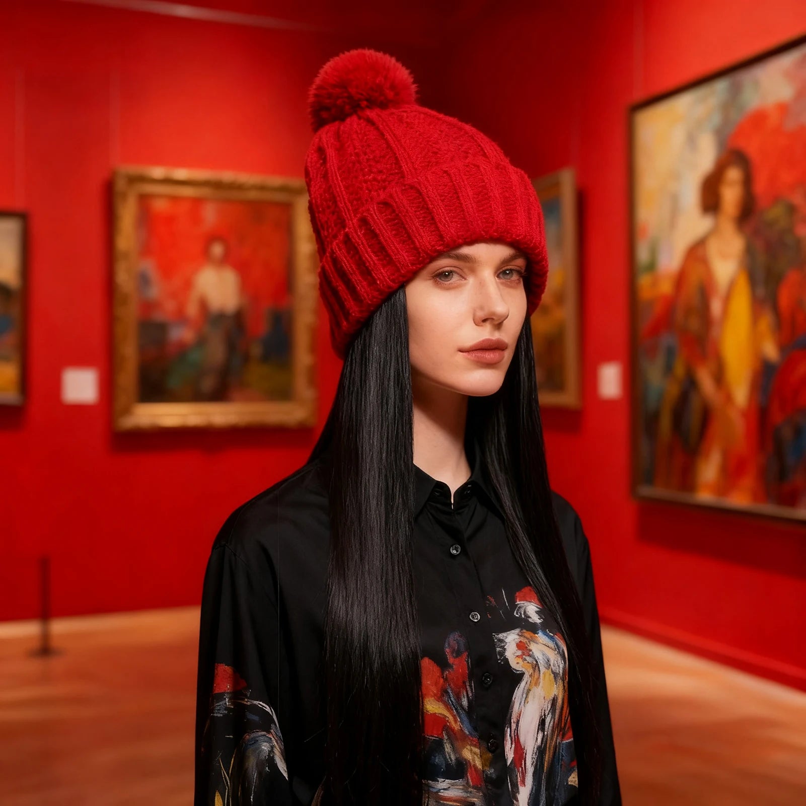 Gorro de punto para mujer, con pelo largo liso, cálido, para invierno, con pelo de fibra sintética negra realista, para clima frío