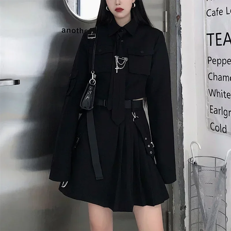 Women Two-Piece Skirt Spring Oversize 4XL Black Punk Chain Ribbon Skirts Ladies Suit Female Dress Sets Harajuku Streetwear