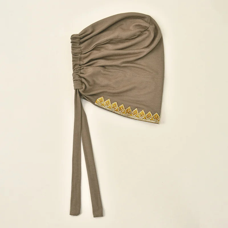 Gorros elásticos con pedrería dorada brillante para mujer, gorros musulmanes con lazo en la parte trasera, hijabs interiores, turbante, gorro con estampado de hojas en caliente, bajo la gorra de diamantes, jersey