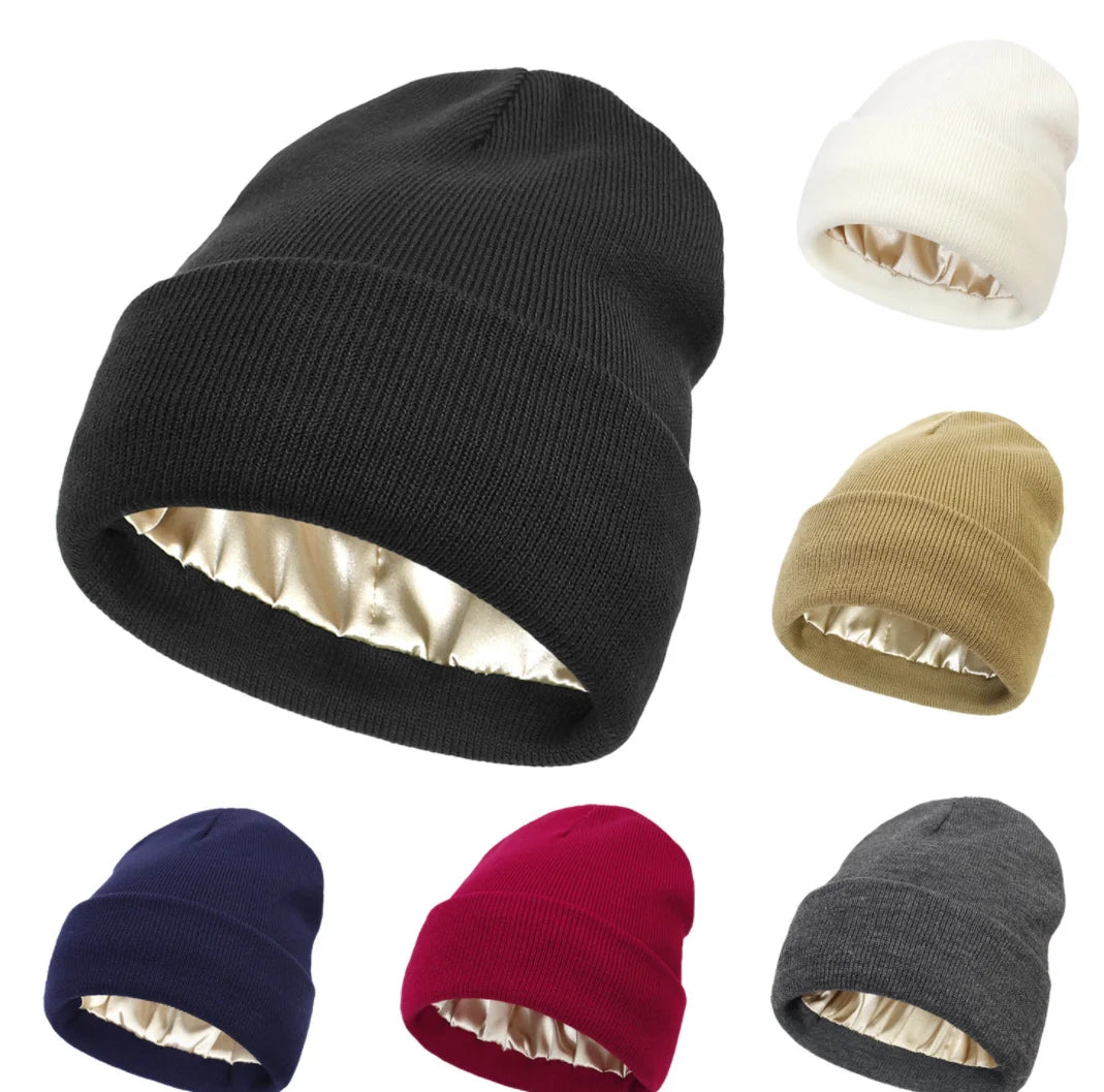 Knitted Hat For Women Silk Satin Lined Beanies Chunky Caps Warm Winter Women Men Bonnet Skullies Caps Male Female Balaclava Hats