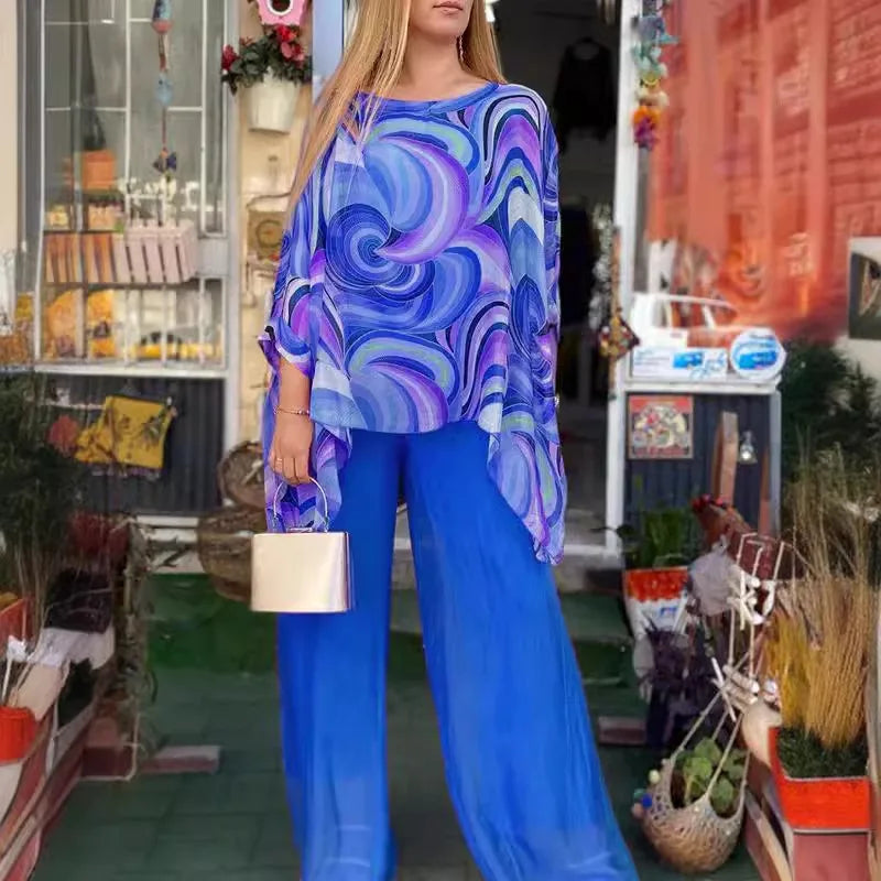 Women Fashion Trousers Two Piece Set For Women 2024 Summer Loose Casual Print Blouse Elegant 2 Piece Sets Woman Tops+Pants Suit