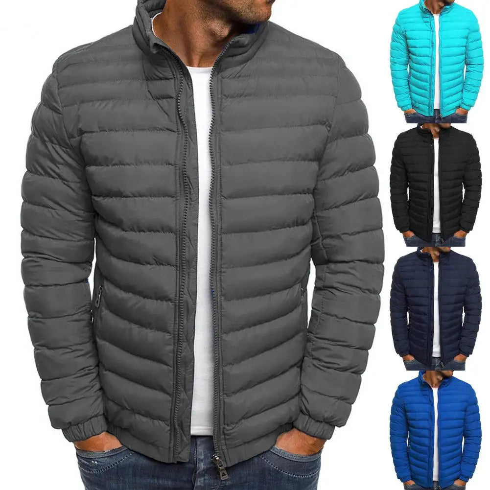 Stylish Men Coat Autumn Winter Puffer Jacket Solid Color Thicken Warm Men Coat  Stand Collar