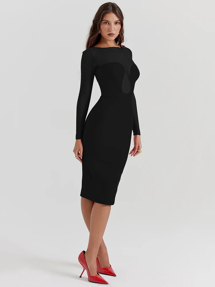 Articat Sexy Mesh Patchwork Christmas Red Dress Women Long Sleeve Bodycon Perspective Evening Dress Elegant Party Club Vestidos
