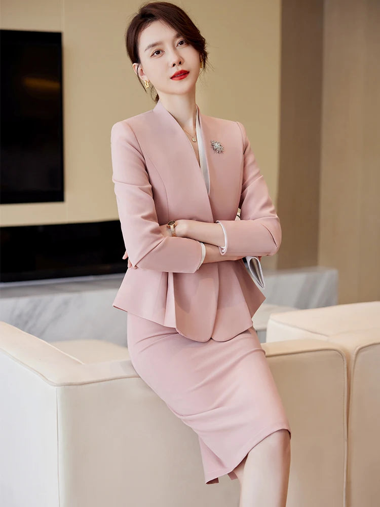 Elegant Women Formal Skirt Suit Ladies Black Purple Pink Long Sleeve V-Neck Female Two Piece Blazer Set
